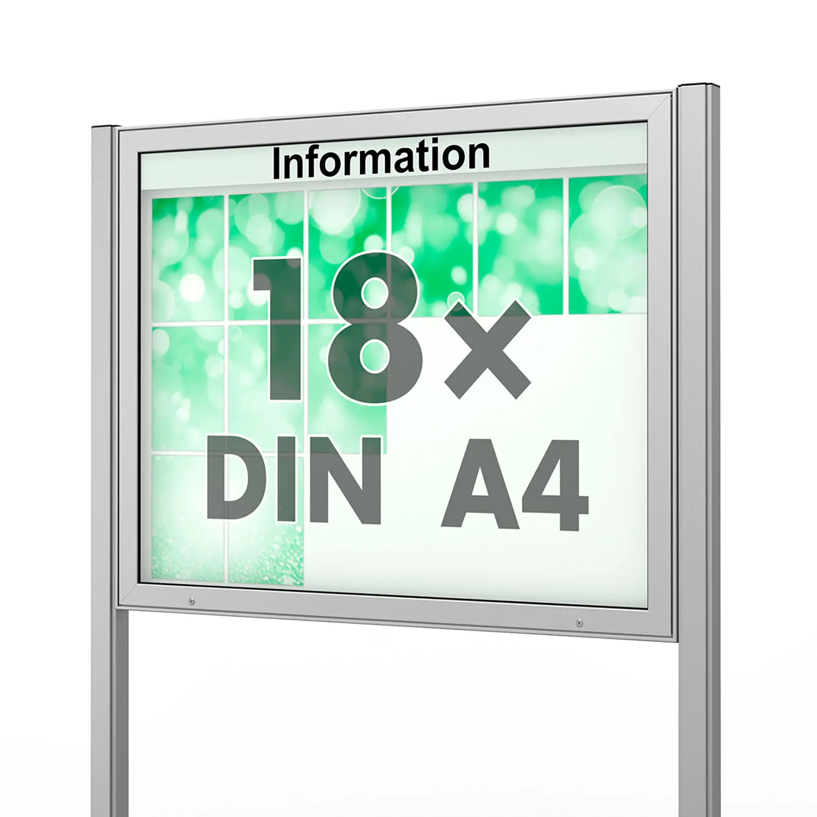 18 x DIN A4 Schaukasten Plenum eckig - der "Klassiker" - 65mm Bautiefe - mit Ständern und optionaler LED-Beleuchtung